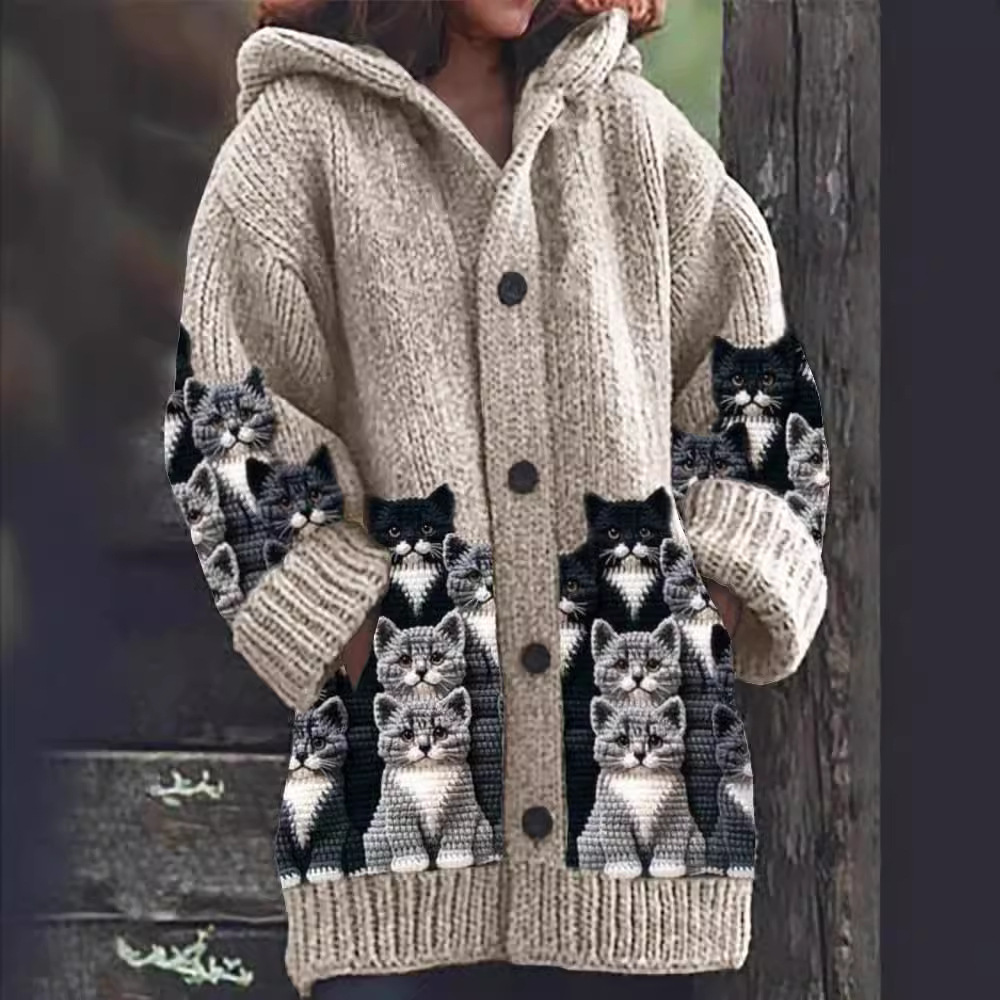 Jasmin - Cardigan di Maglia Confortevole con Motivo di Gatto