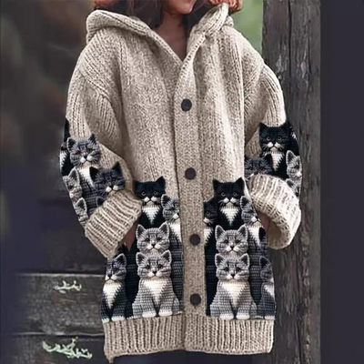 Jasmin - Cardigan di Maglia Confortevole con Motivo di Gatto