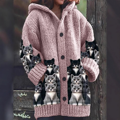 Jasmin - Cardigan di Maglia Confortevole con Motivo di Gatto
